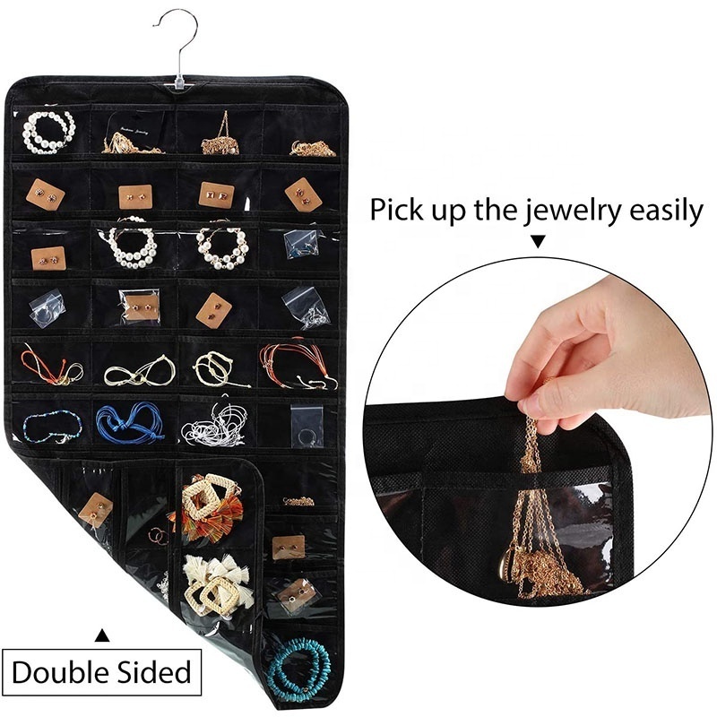 Hanging Jewelry Organizer 160 Pockets 2 Pieces Jewelry Organizer Double Sided Pocket for Holding Jewelries (Beige and Black)