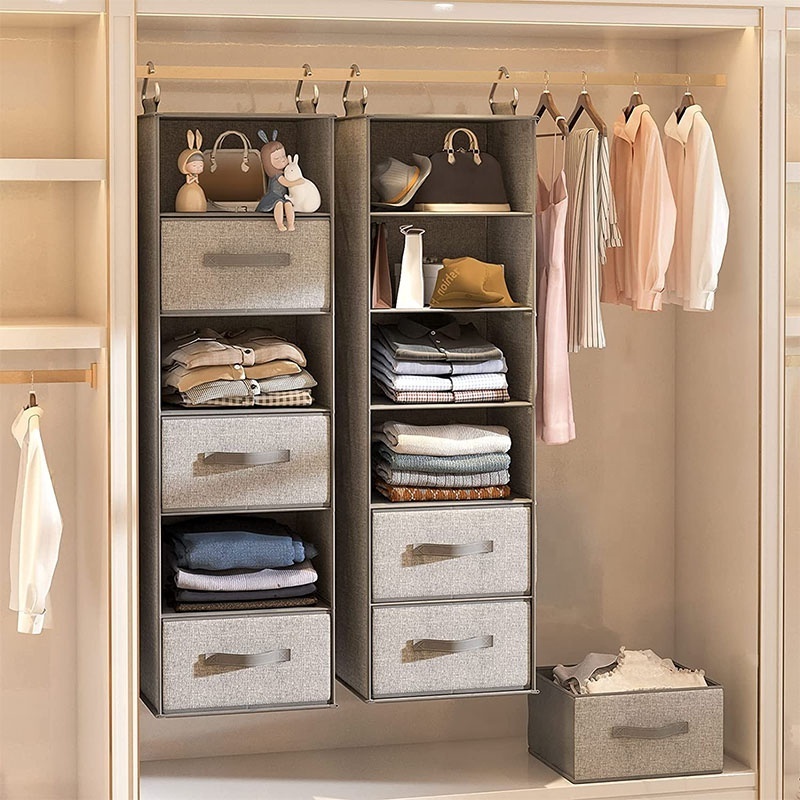 6-Shelf Hanging Closet Organizer, Hanging Shelves for Closet with 3 Divisible Drawers