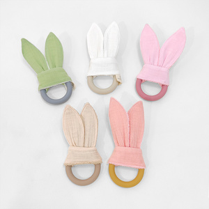 Baby Sensory Natural Silicone Ring Teether Stroller Rattles Cotton Fabric Rabbit Bunny Ear Hand Teething Toy Baby Shower Gifts