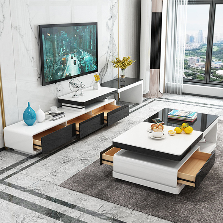 Nordic glass steel stone coffee table TV cabinet combination simple living room furniture retractable TV stand