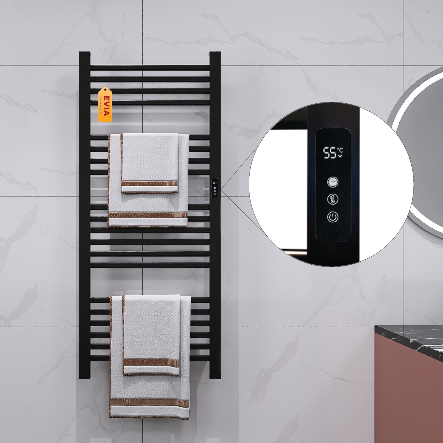 EVIA New Design Skin Friendly Thermostat Electric With Timer Vertical Towel Warmer