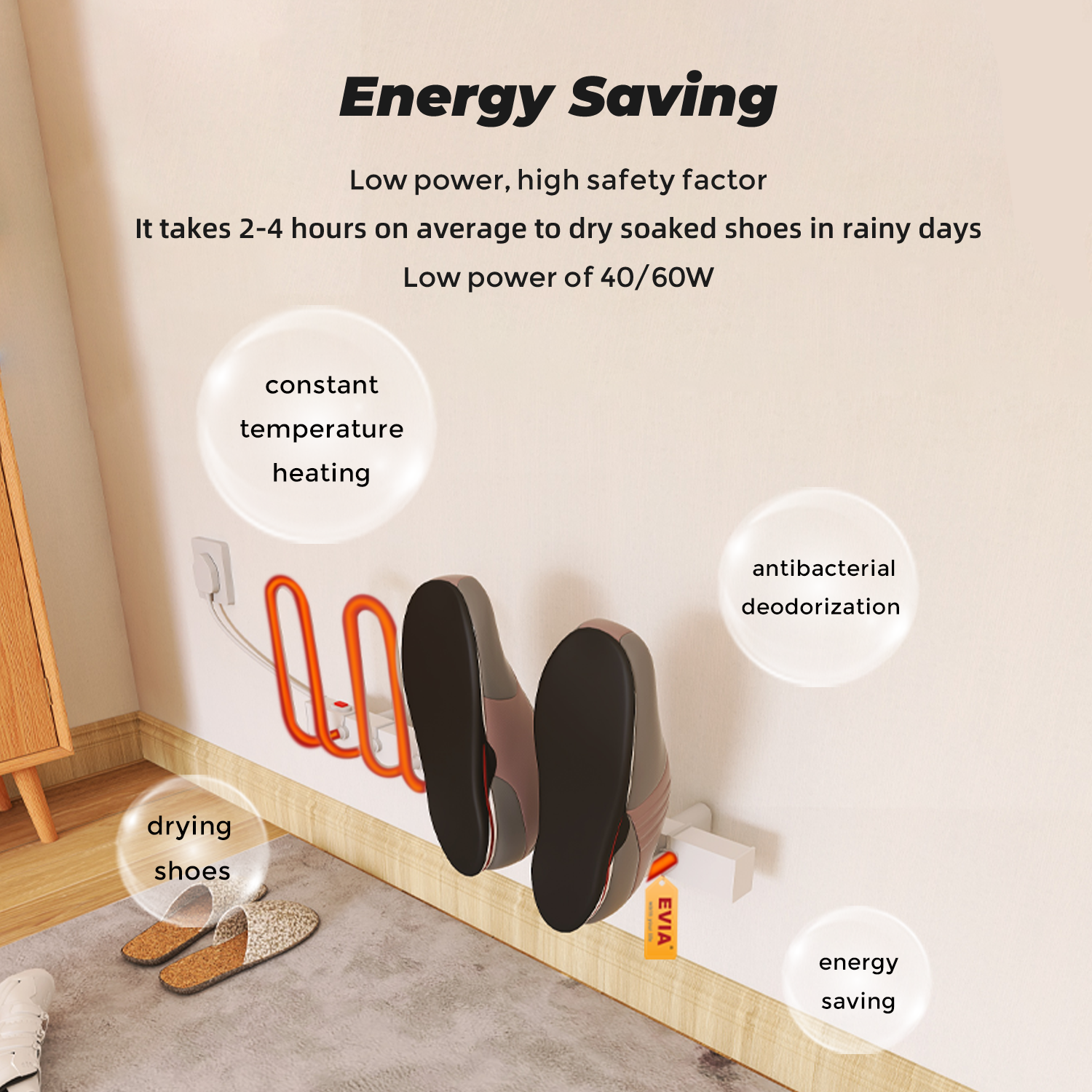 EVIA Household Wall Mounted Electric Shoe Dryer 3 Pair Heated Shoe Rack