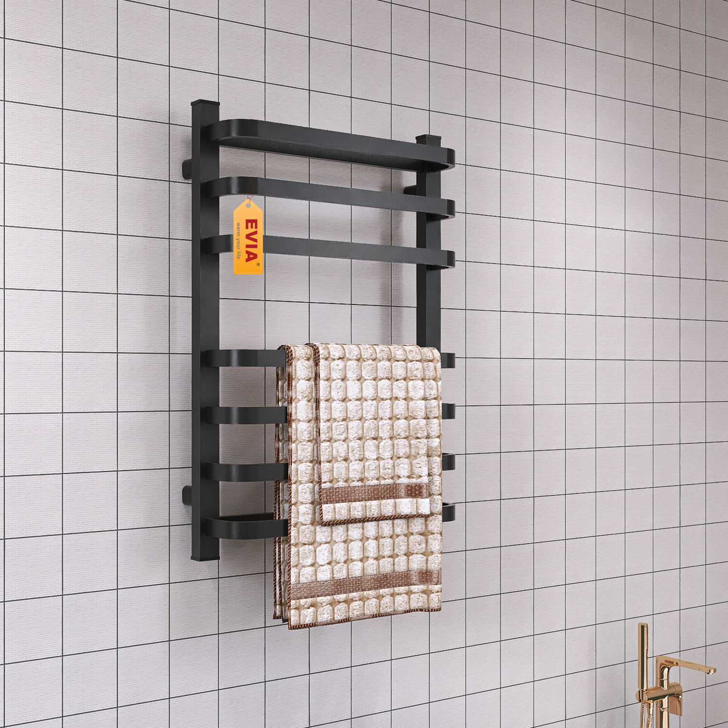 EVIA EV-140 Bathroom Black Towel Warmer Wall Mount Electric Heated Towel Rack