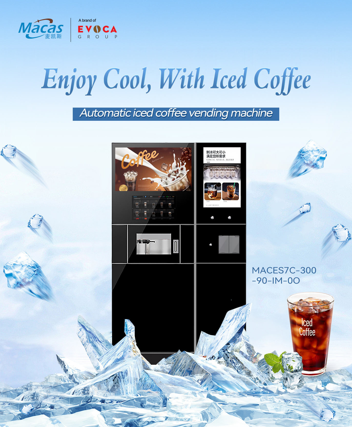 Iced Freshly Ground Coffee Vending Machine with Big Touch Screen with Ice Maker