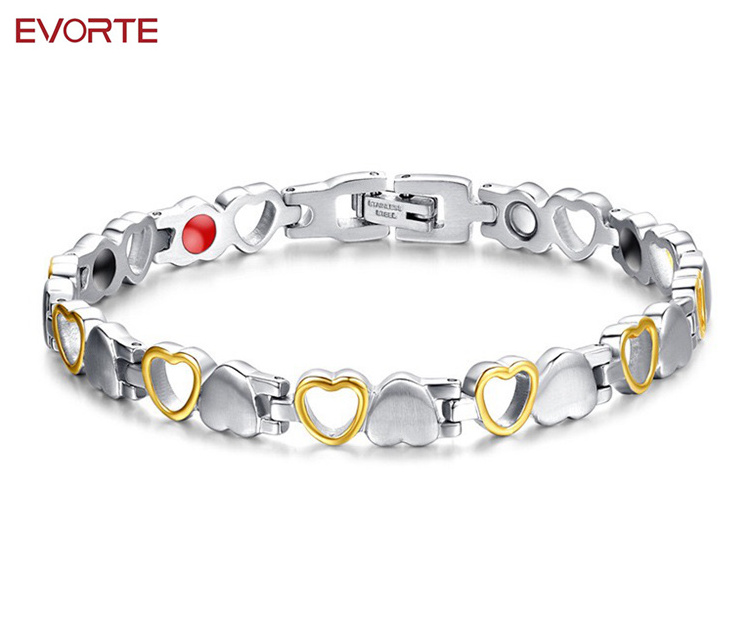 Evorte Modern Waterproof Gems Zirocns Heart Star Gold Plated Stainless Steel Magnet CZ Cuban Link Chain Charm Bracelet For Women