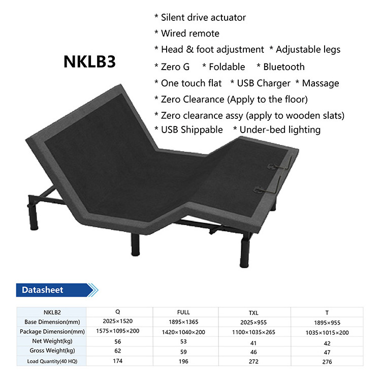 2022 Hot Sale FACTORY Luxury Power Electric  electric NKLB3 Wireless control adjustable bed electric frame with massage