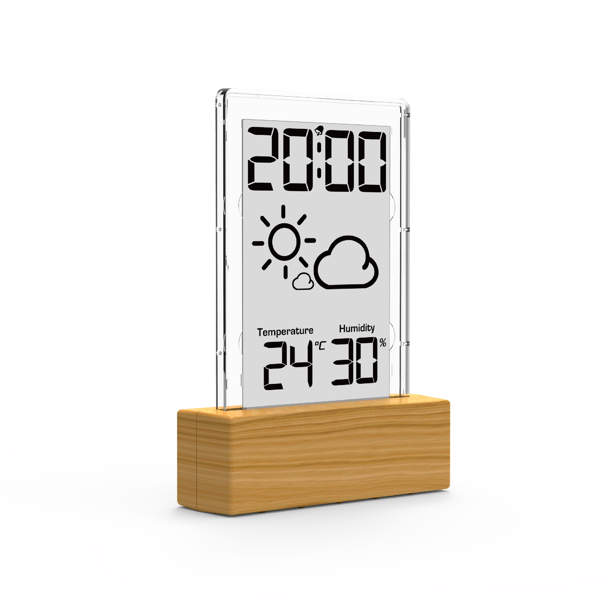 EWETIME simple digital transparent wooden LCD alarm clock with weather forecast and thermometer