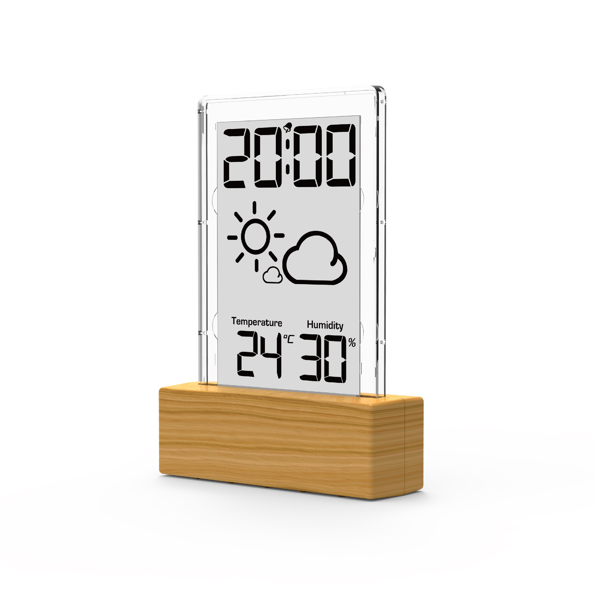 EWETIME simple digital transparent wooden LCD alarm clock with weather forecast and thermometer