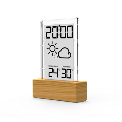 EWETIME simple digital transparent wooden LCD alarm clock with weather forecast and thermometer