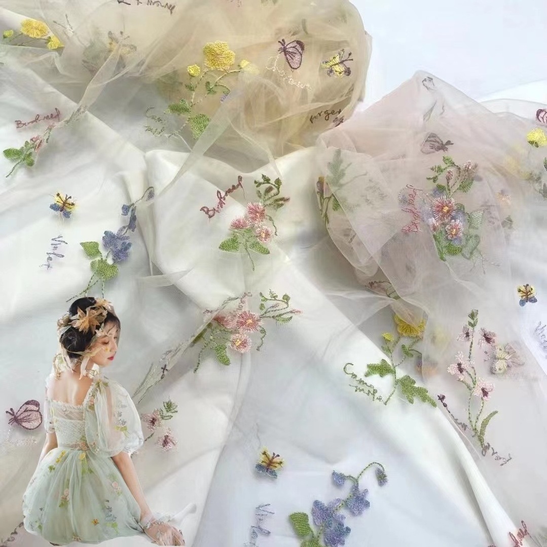 2022 new flat embroidery organ mesh multicolor embroidery fairy dress fabric