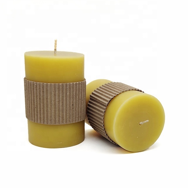 Non toxic custom logo pure natural beeswax pillar candle handmade beeswax candles