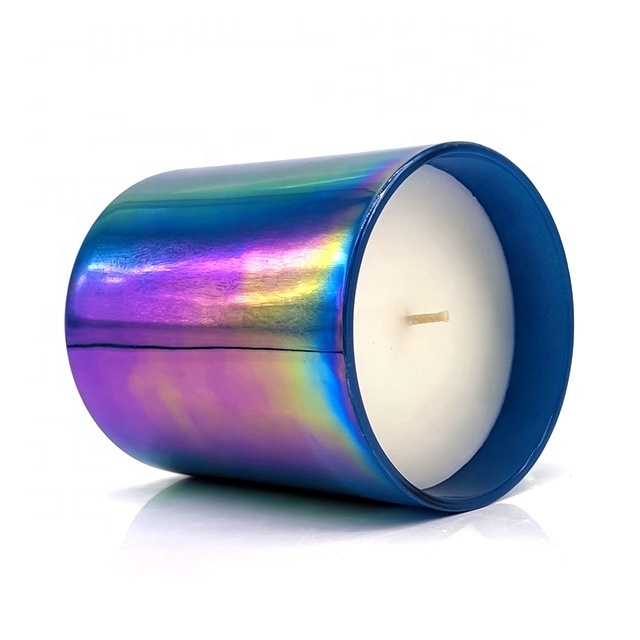 A08D Wholesale rainbow ion plated sparkling iridescent  glass vessel scented candle