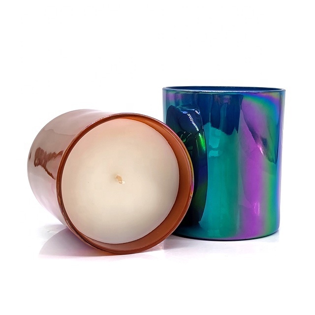 A08D Wholesale rainbow ion plated sparkling iridescent  glass vessel scented candle