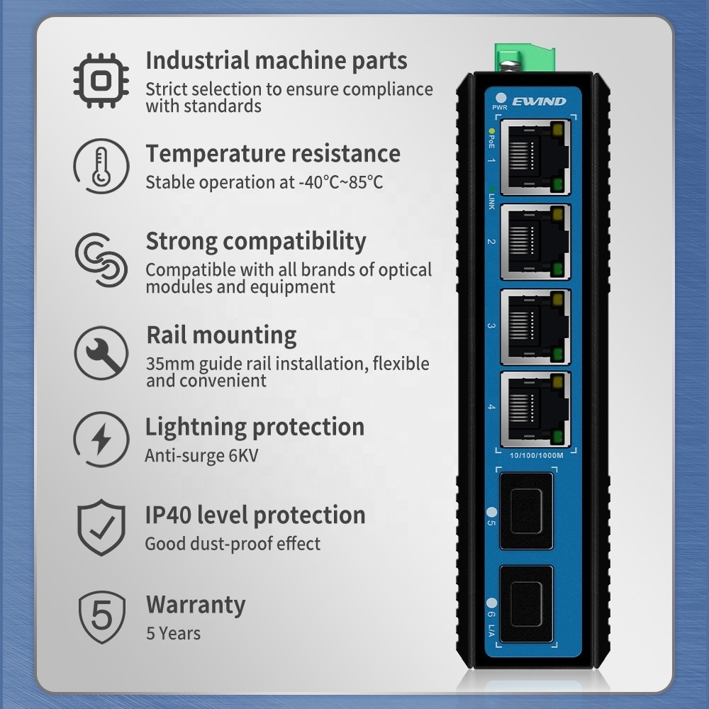 High Quality 802.3af&at Gigabit PoE 6 ports industrial ethernet switch 10/100/1000M Din rail outdoor ethernet switch