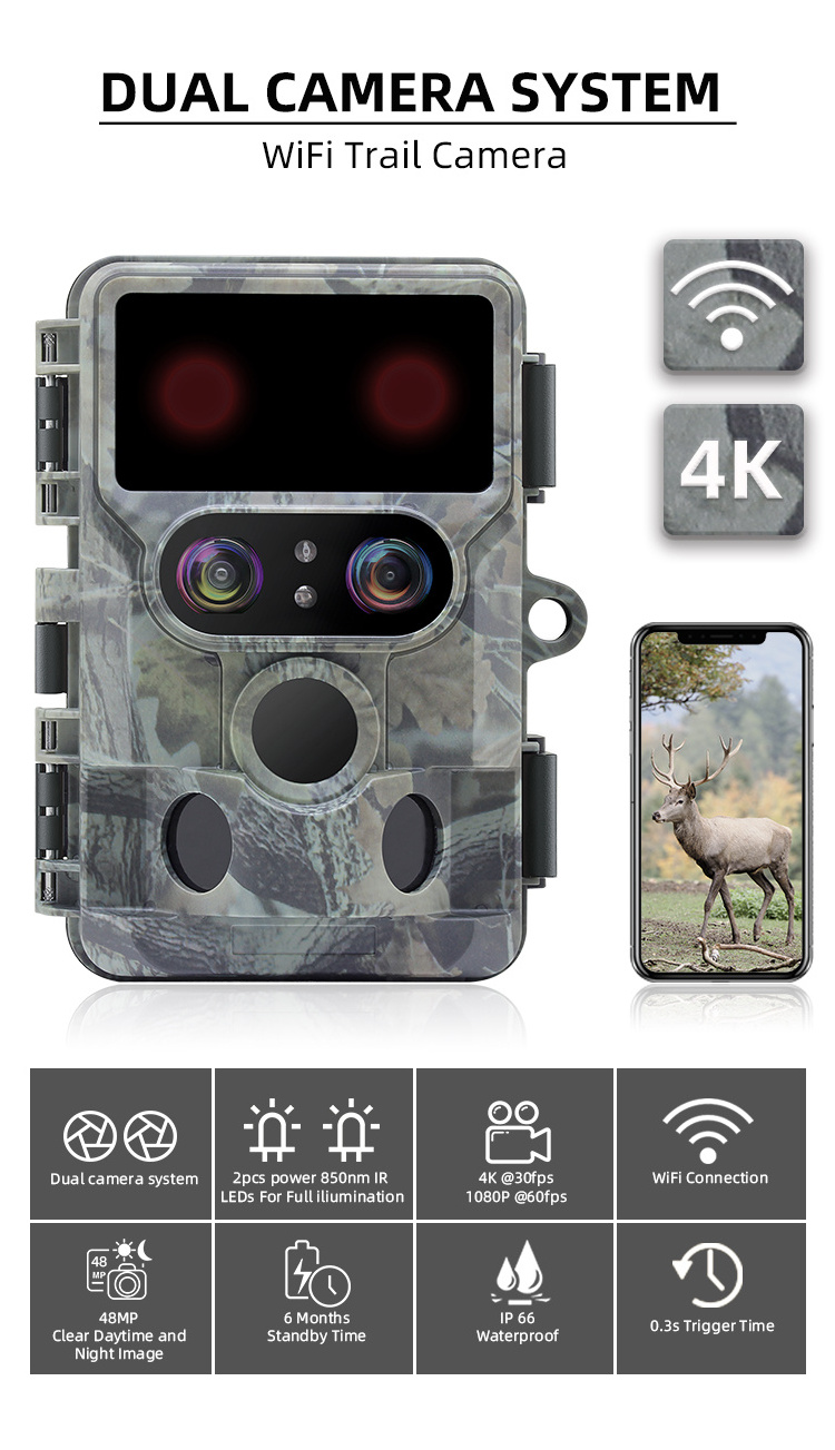 48MP 4K  wifi dual lens  hunting camera 2.4 inch display with 940nm invisible flashlight  with 0.3sec trigger time