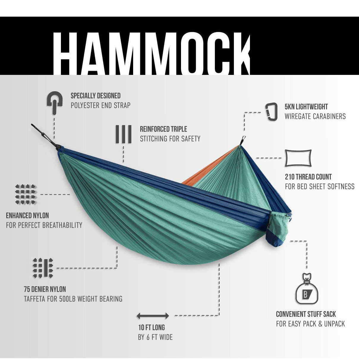 EWINSUN Ultra-Light Travel Camping Hammock Pop-up Bug Net Hammock 300kg Load Capacity Nylon for Outdoor Backpacking Hiking