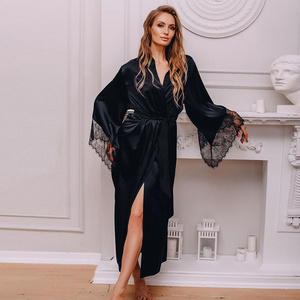 Wholesale Custom Logo Sexy Nighty Black Valentine Bath Silk Women Long Lace Robe Femme