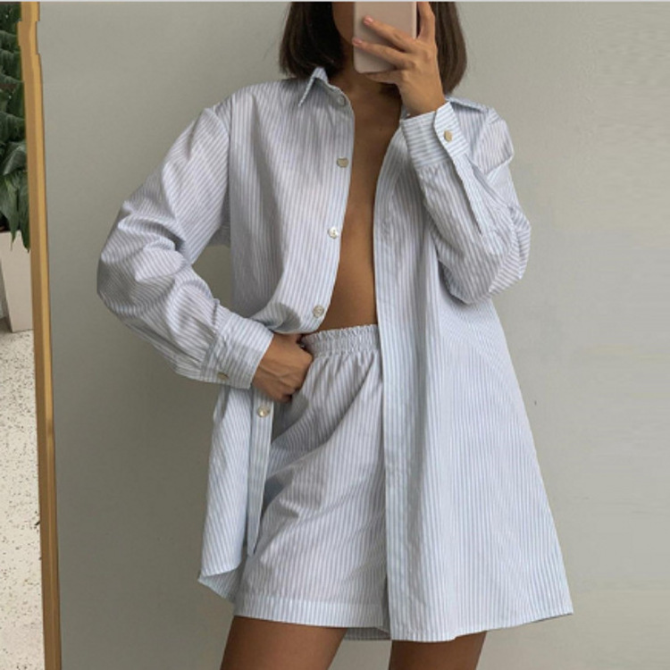 Women Oversized Stripe Lapel Neck Long Sleeve Button Up Shirt & Elastic Waist Side Pocket Shorts Cotton Pajama Set