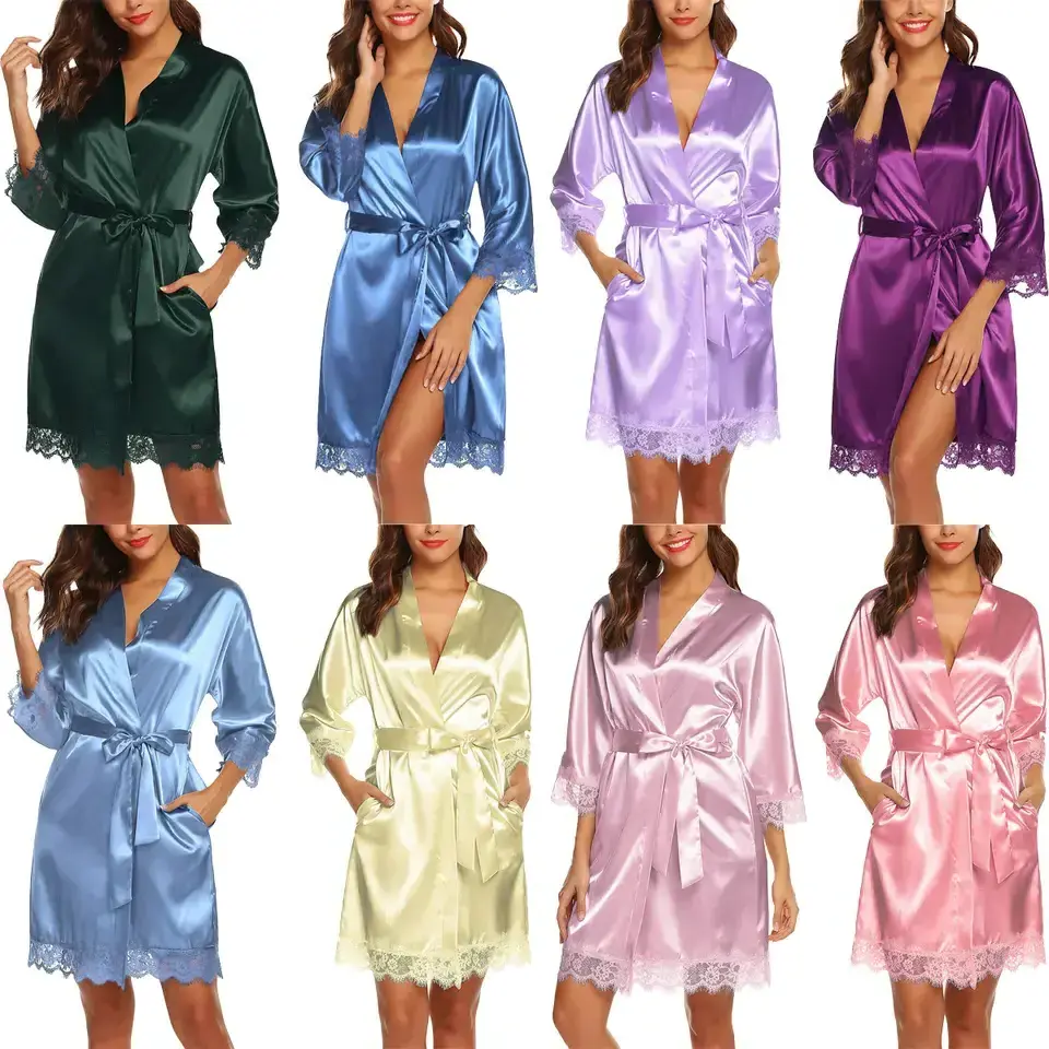 New Wholesale Rose Lace Silky Satin Pajamas Kimono Robe for Girl Party Bride and Bridesmaid Robes for Bridal Party