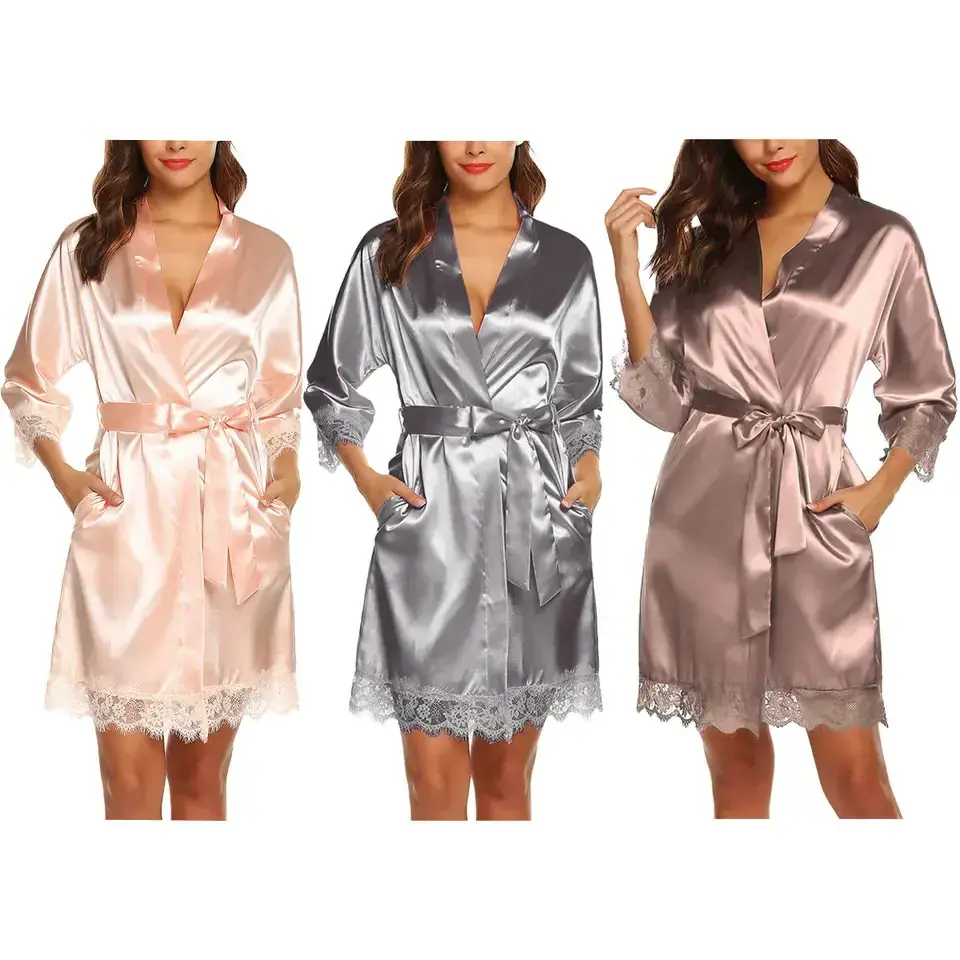 New Wholesale Rose Lace Silky Satin Pajamas Kimono Robe for Girl Party Bride and Bridesmaid Robes for Bridal Party