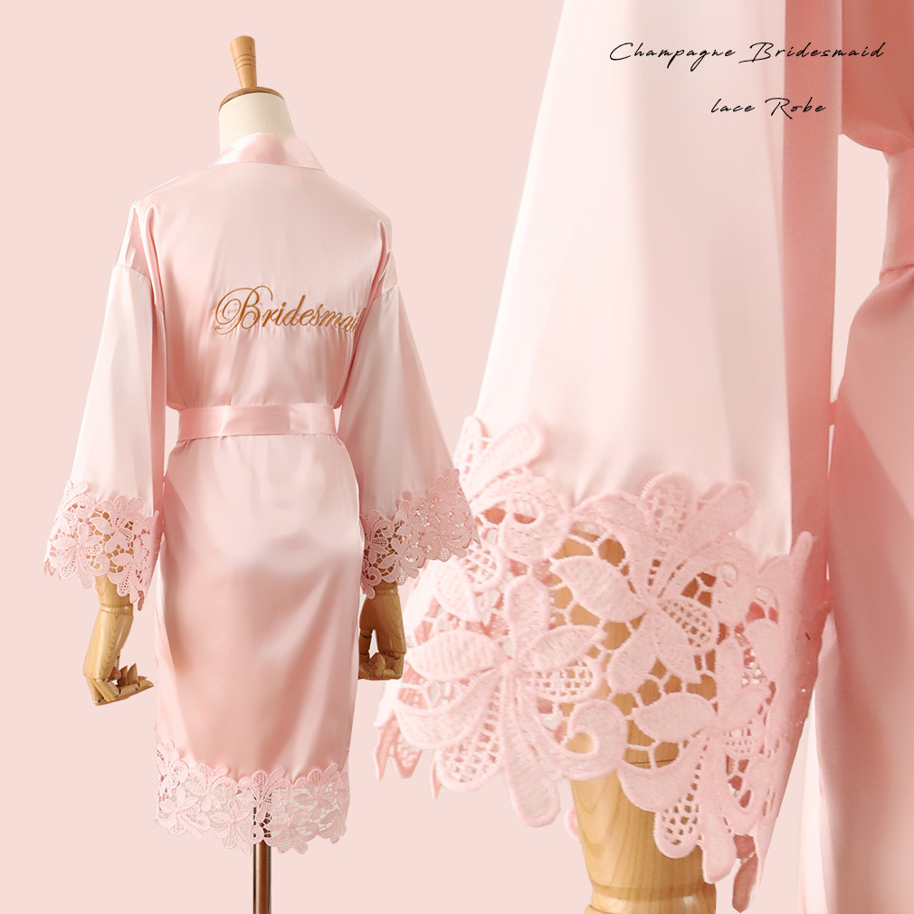 New Custom Logo Silk Pajamas High Quality Gifts Satin Sandals Lace Silk Robes Bridesmaid Brides Robes For Wedding