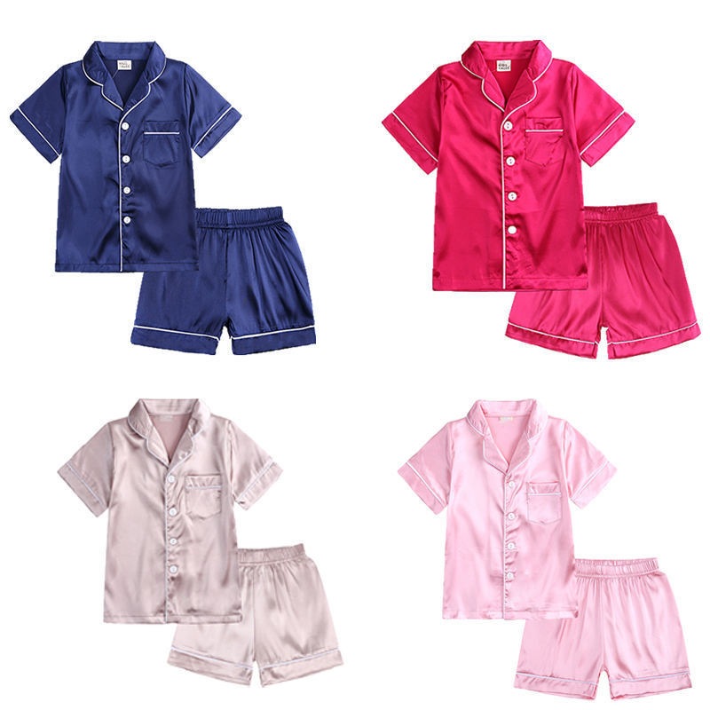 Custom Silk Satin Kids Pajamas Short Sleeve Kids Satin Pajamas Set Unisex Short Satin Pjs