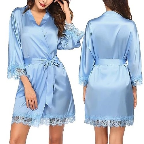 New Wholesale Rose Lace Silky Satin Pajamas Kimono Robe for Girl Party Bride and Bridesmaid Robes for Bridal Party