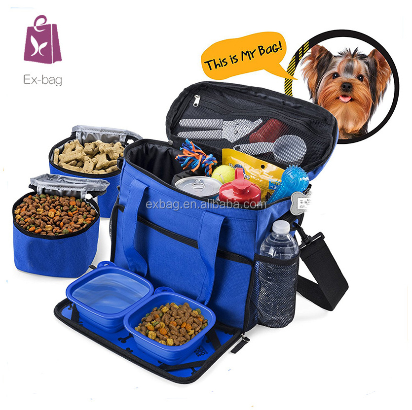 Pet Dog Travel Organizer Bag with 2 Lined Food Carry Bag and Big Treat Bag