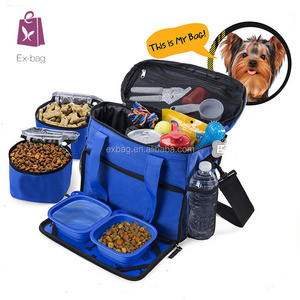 Pet Dog Travel Organizer Bag with 2 Lined Food Carry Bag and Big Treat Bag