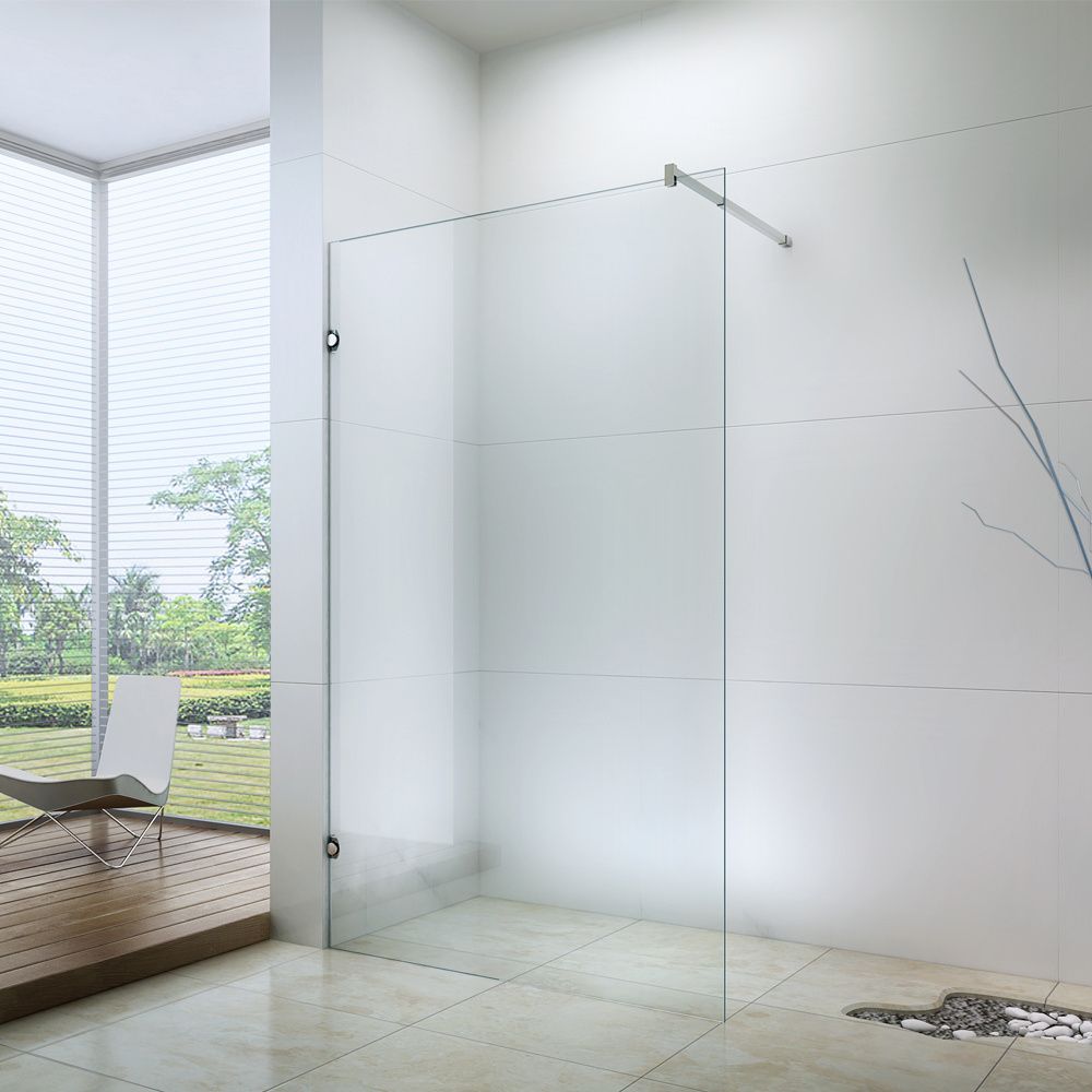 Tempered glass shower wall panels with adjustable support bar