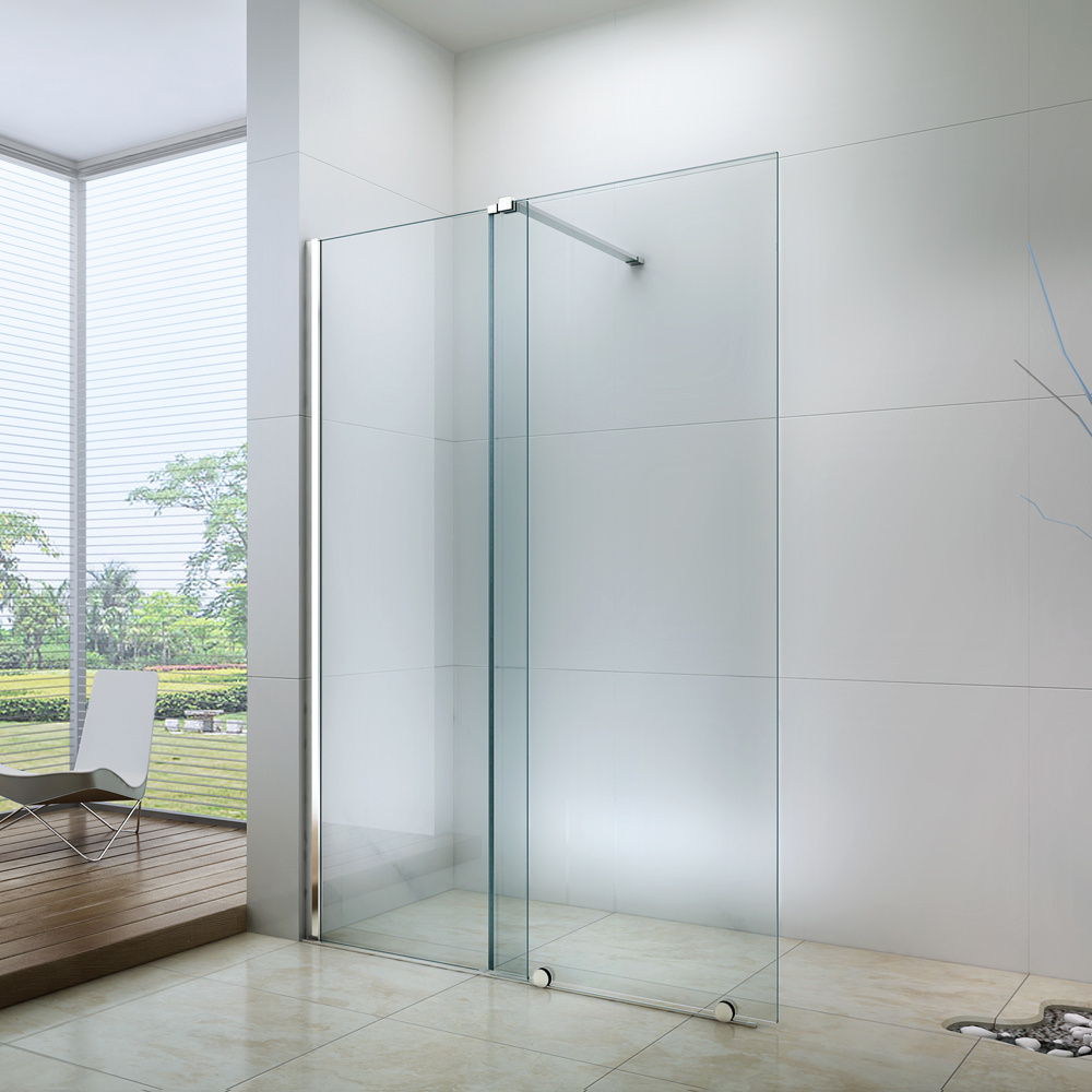 Tempered glass shower wall panels with adjustable support bar