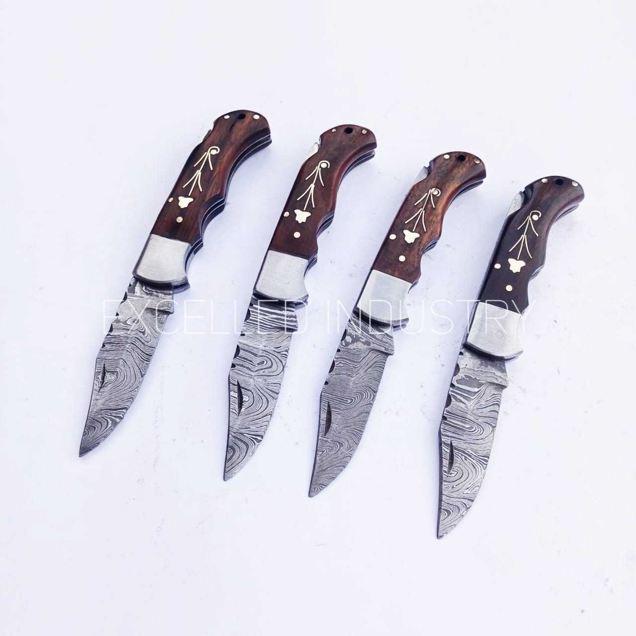 Wholesale Hot Selling Damascus Steel Folding Knife Outdoor Pocket Knife Wooden Handle With Leather Sheath