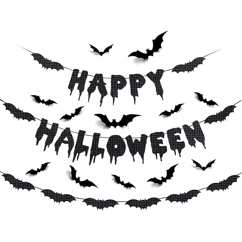 Black Glitter Happy Halloween Banner Bat Banner and 12Pcs Bat Wall Decals Window Stickers Halloween Decor