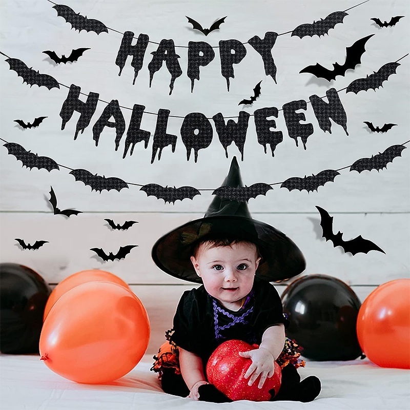 Black Glitter Happy Halloween Banner Bat Banner and 12Pcs Bat Wall Decals Window Stickers Halloween Decor