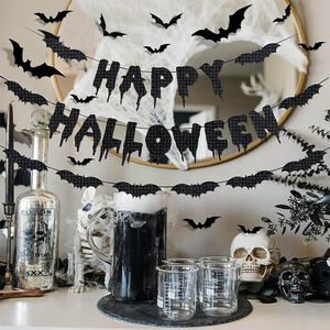 Black Glitter Happy Halloween Banner Bat Banner and 12Pcs Bat Wall Decals Window Stickers Halloween Decor