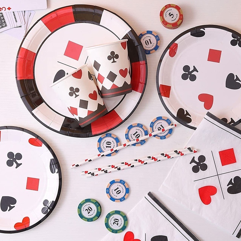 Disposable Casino Theme Decorations Men Adults Poker Paper Plate Cup Napkins Straws Night Las Vegas One Time Party Supplies Set