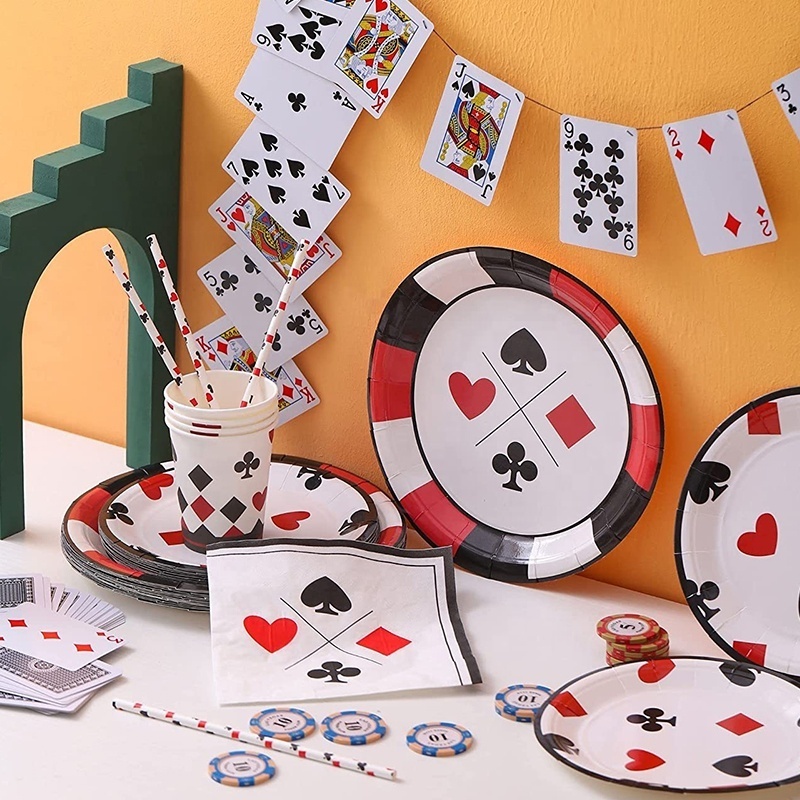 Disposable Casino Theme Decorations Men Adults Poker Paper Plate Cup Napkins Straws Night Las Vegas One Time Party Supplies Set