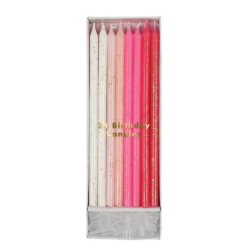 24 Pieces Thin Long Glitter Pink Pencil Shape Gold Powder Birthday Cake Decoration Candle