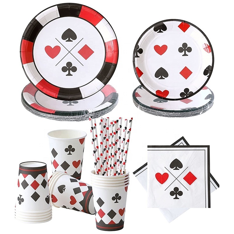 Disposable Casino Theme Decorations Men Adults Poker Paper Plate Cup Napkins Straws Night Las Vegas One Time Party Supplies Set