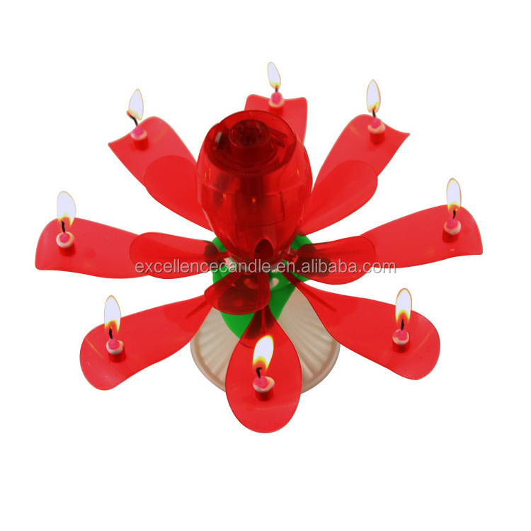 Best sale red melody rose flower music birthday candle 8pcs popular flower rotatable double layer lotus funny musical candles