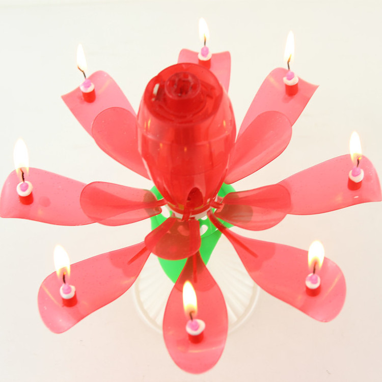 Best sale red melody rose flower music birthday candle 8pcs popular flower rotatable double layer lotus funny musical candles