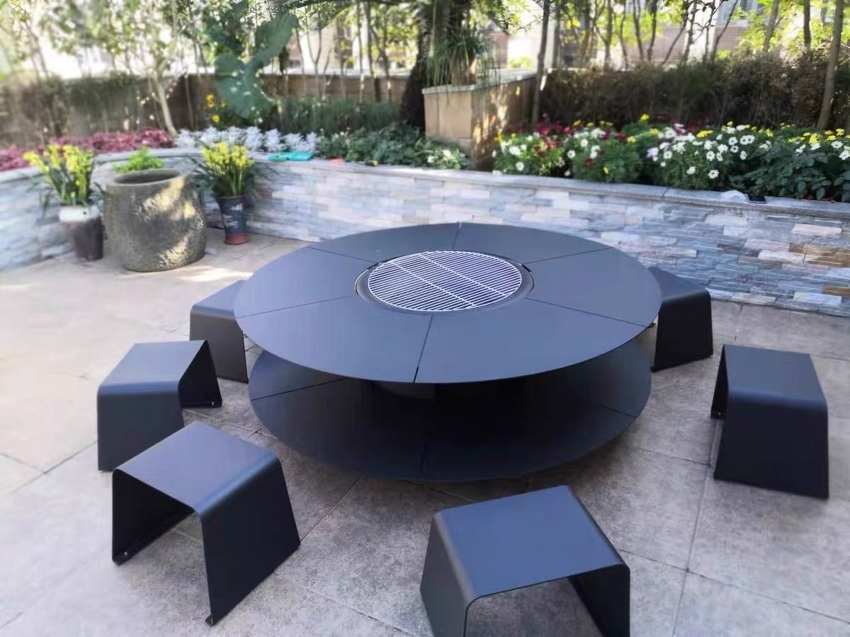 Large Black Steel Burning Patio Backyard Firepit Outside Round Fireplace Cover Outdoor Fire Pit Table