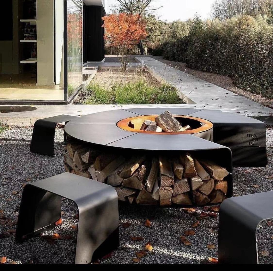 corten fire pit with wood storage stand, Outdoor smokeless fireplace / fire pot with lid