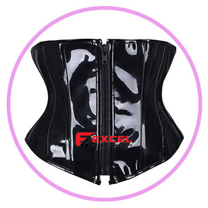 2024 Top Suppliers Exporter Custom Made Black Handmade PVC Vinyl Shiny Front Zipper Woman Fetish Buckle Steel Boned  corset.