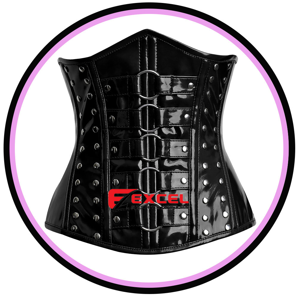 Top Suppliers Exporter Custom Made Black  Black Patent PVC shiny Handmade PVC Vinyl Woman Fetish Steel Boned Over Bust corset.