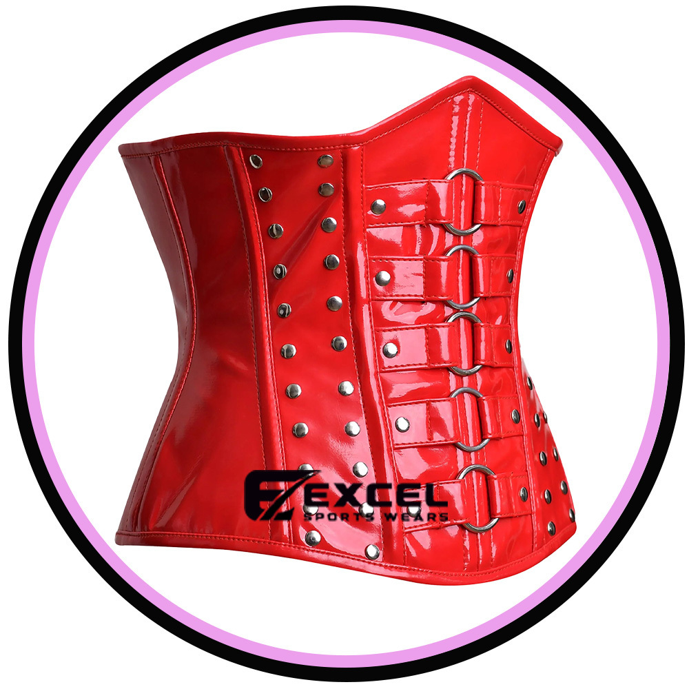 RED Patent PVC shiny Handmade  Vinyl Woman Fetish Steel Boned Under Bust Genuine  Steel Busk Zip 5 Stainless Steel Rings corset.