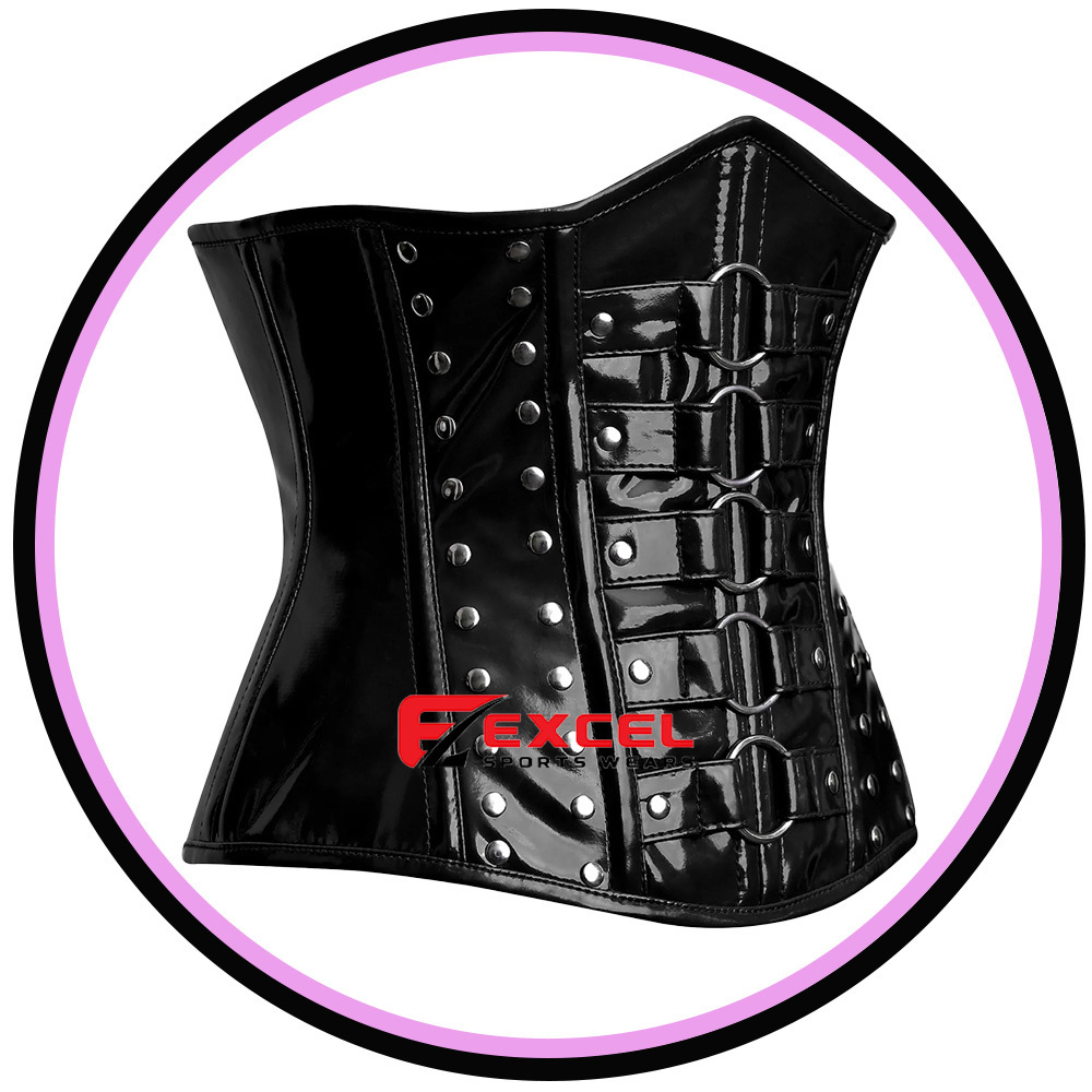 Top Suppliers Exporter Custom Made Black  Black Patent PVC shiny Handmade PVC Vinyl Woman Fetish Steel Boned Over Bust corset.