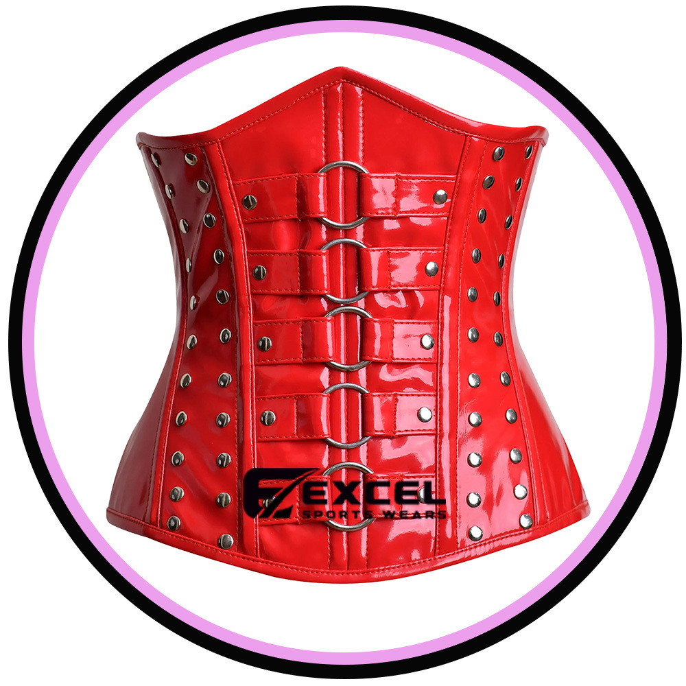 RED Patent PVC shiny Handmade  Vinyl Woman Fetish Steel Boned Under Bust Genuine  Steel Busk Zip 5 Stainless Steel Rings corset.