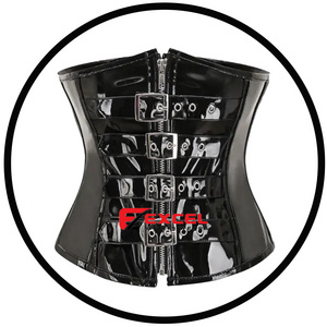 2024 Pakistan Top Suppliers Exporter Custom Made Black PVC shiny Handmade PVC Vinyl Woman Fetish Buckle Steel Boned  corset.