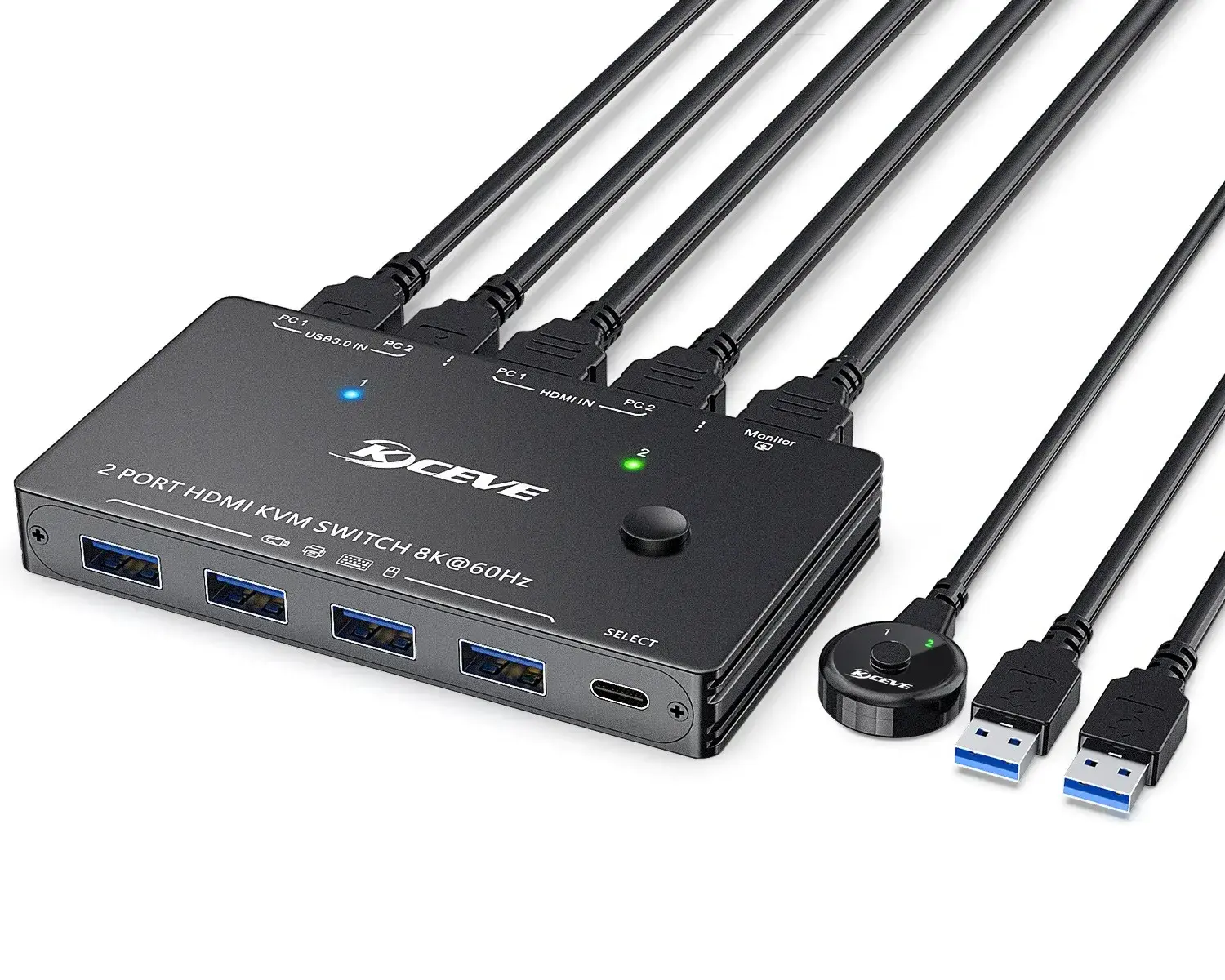 Kceve KVM8201 8K USB 3.0 KVM Switch HD 2 Port 8K@60Hz 4K@120Hz for 2 Computers Share 1 Monitor and 4 USB 3.0 Devices